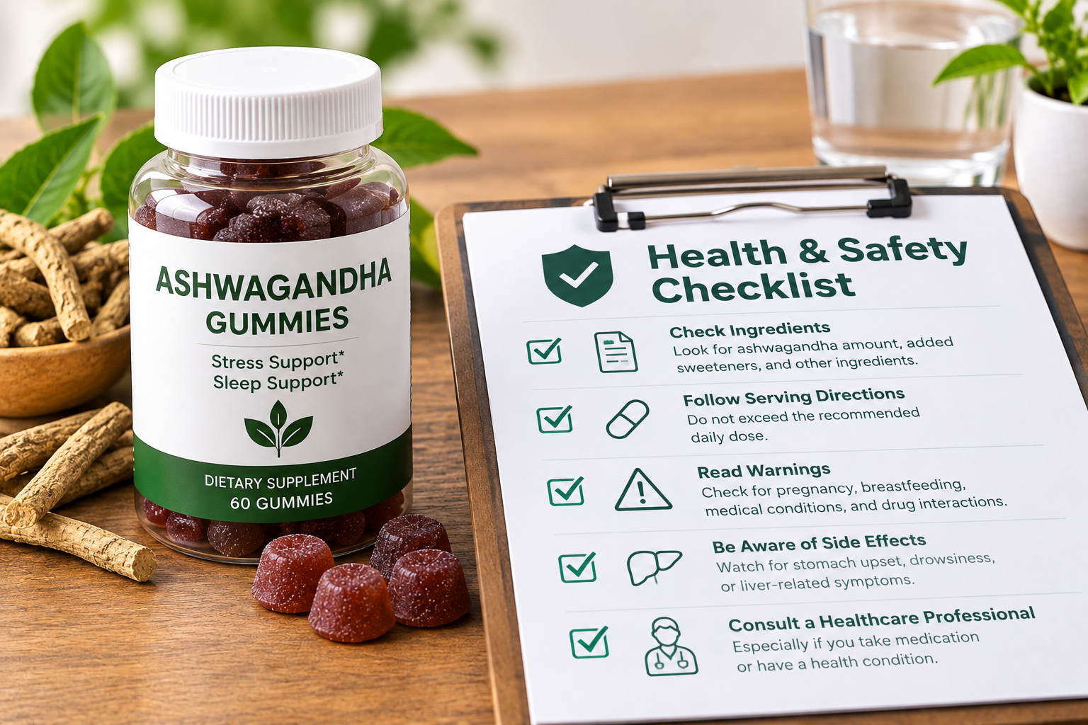 Ashwagandha supplement container beside a health and safety checklis