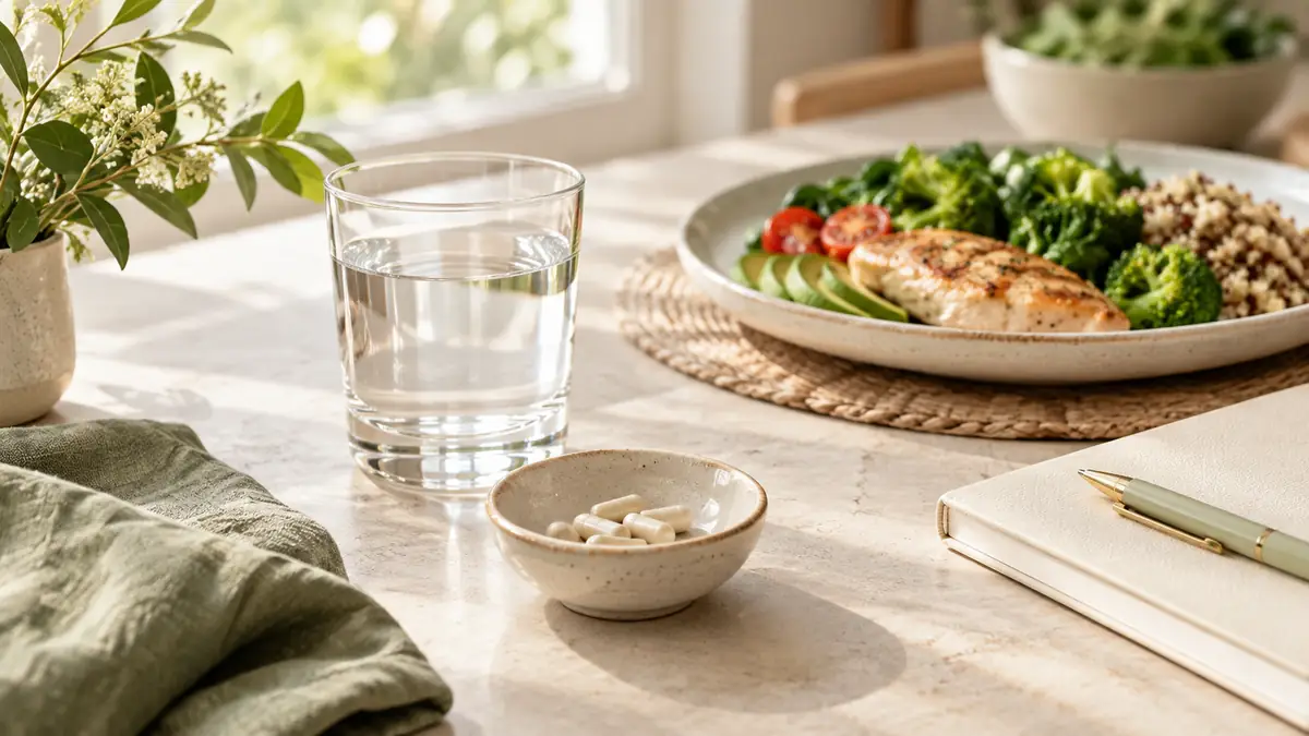 Small bowl of dried pepper capsules beside water and a healthy meal in soft natural light