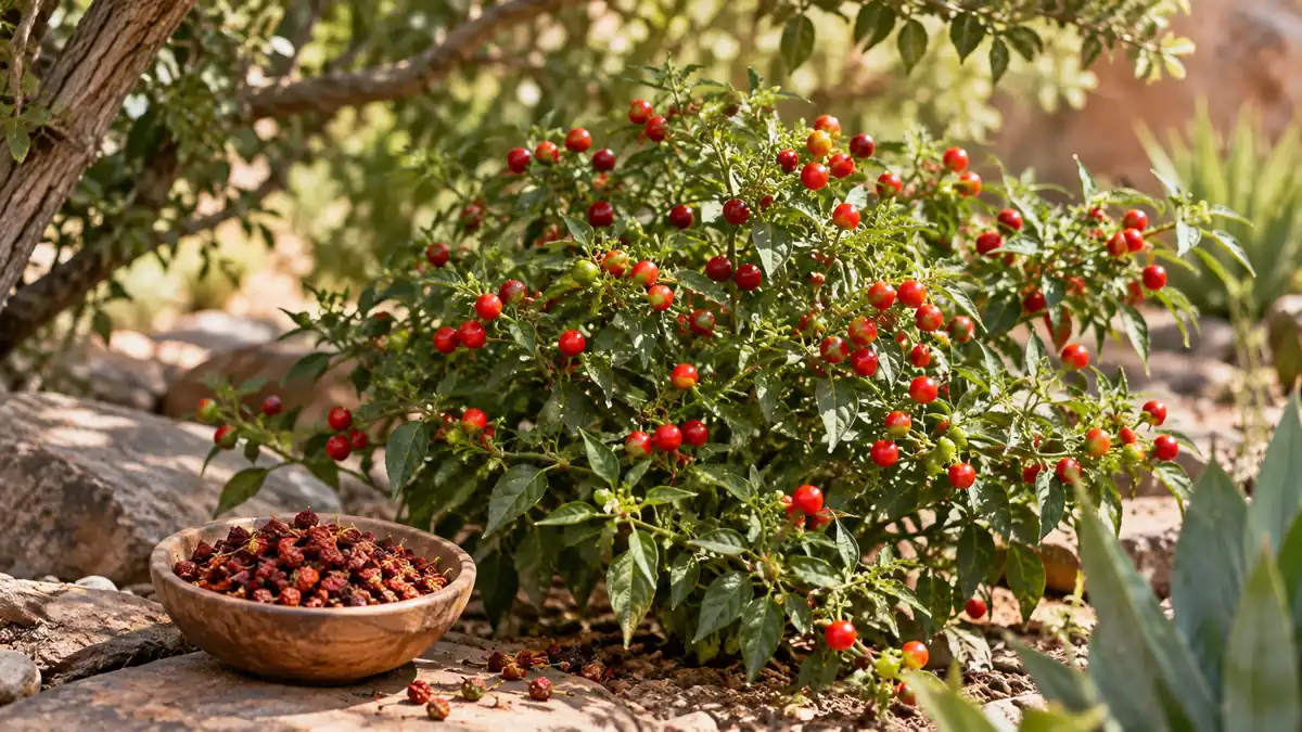 Chiltepin pepper plant carrying small round red and green fruits in a natural garden setting