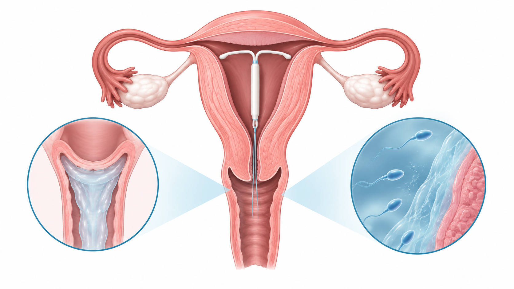Medical illustration showing how a hormonal IUD works inside the uterus