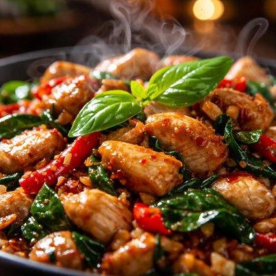 thai basil stir-fry with red chilies