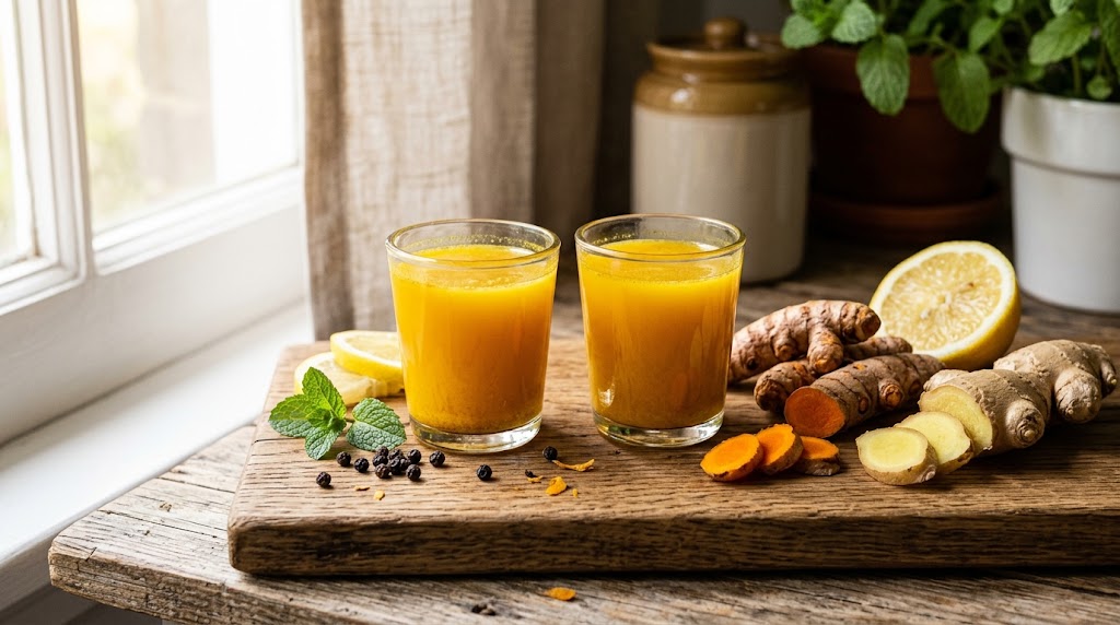 Homemade turmeric powder shots with ginger and lemon