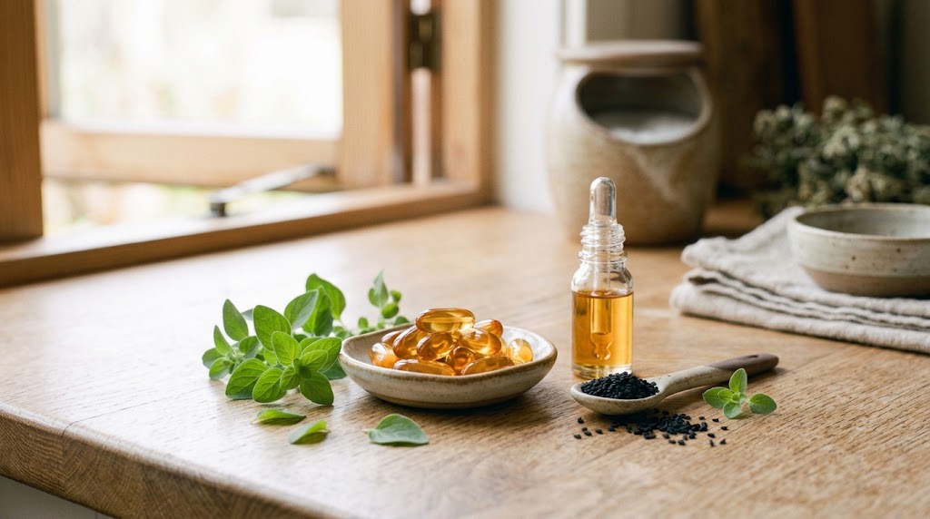 Oil of oregano and black seed oil supplement bottles with serving and safety information