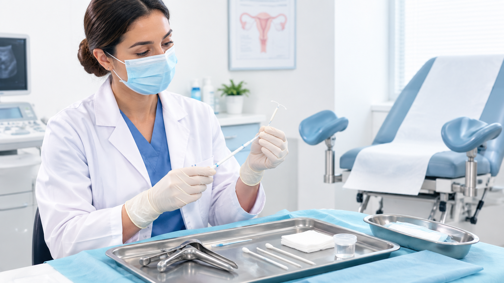Healthcare professional preparing for IUD insertion during a clinical visit