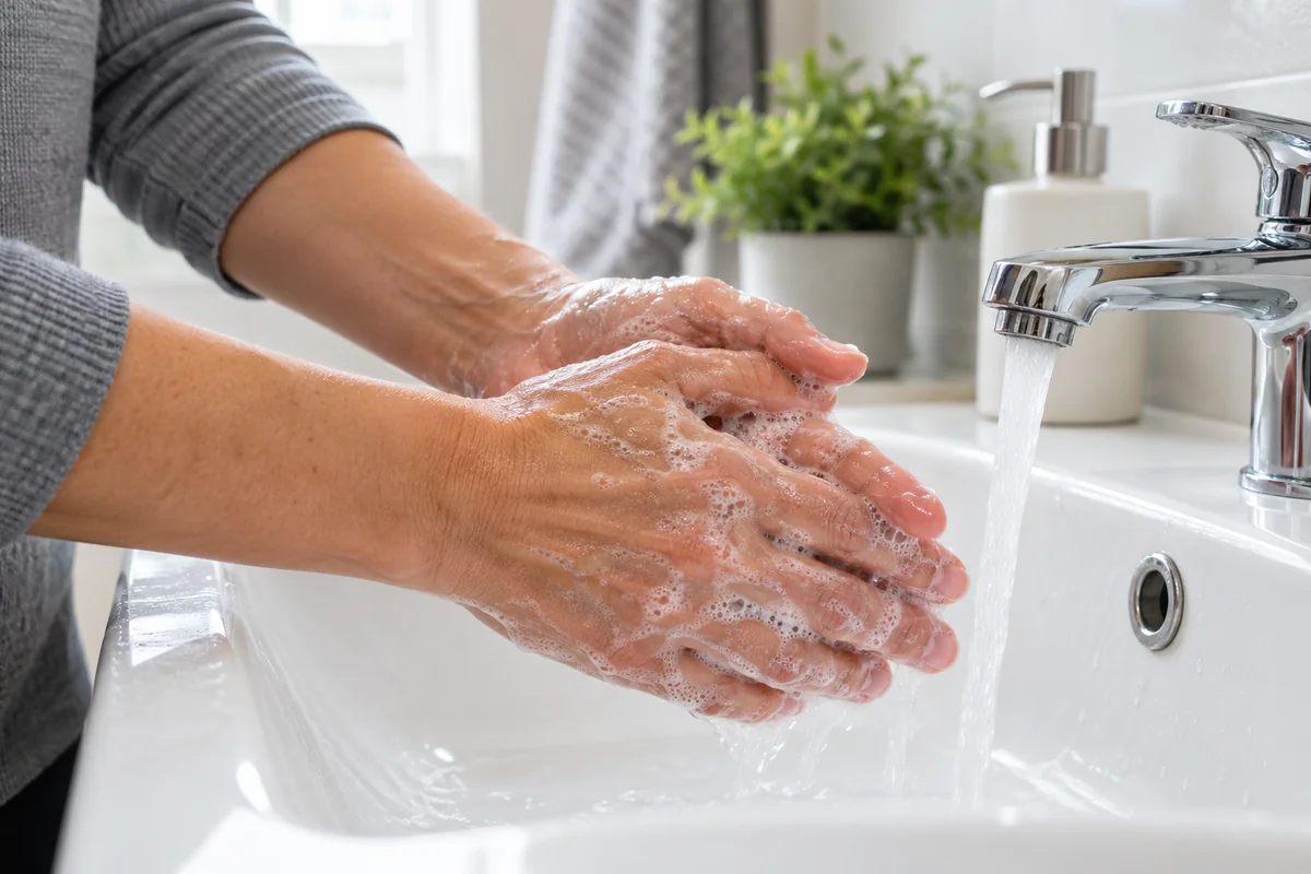 Hands being washed with soap and running water at a sink