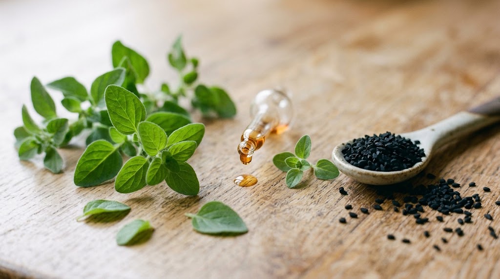 Oregano oil and black seed oil ingredients with oregano leaves and Nigella sativa seeds