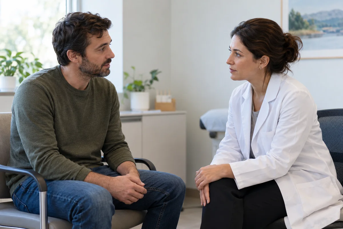 Man speaking with a clinician in a consultation room