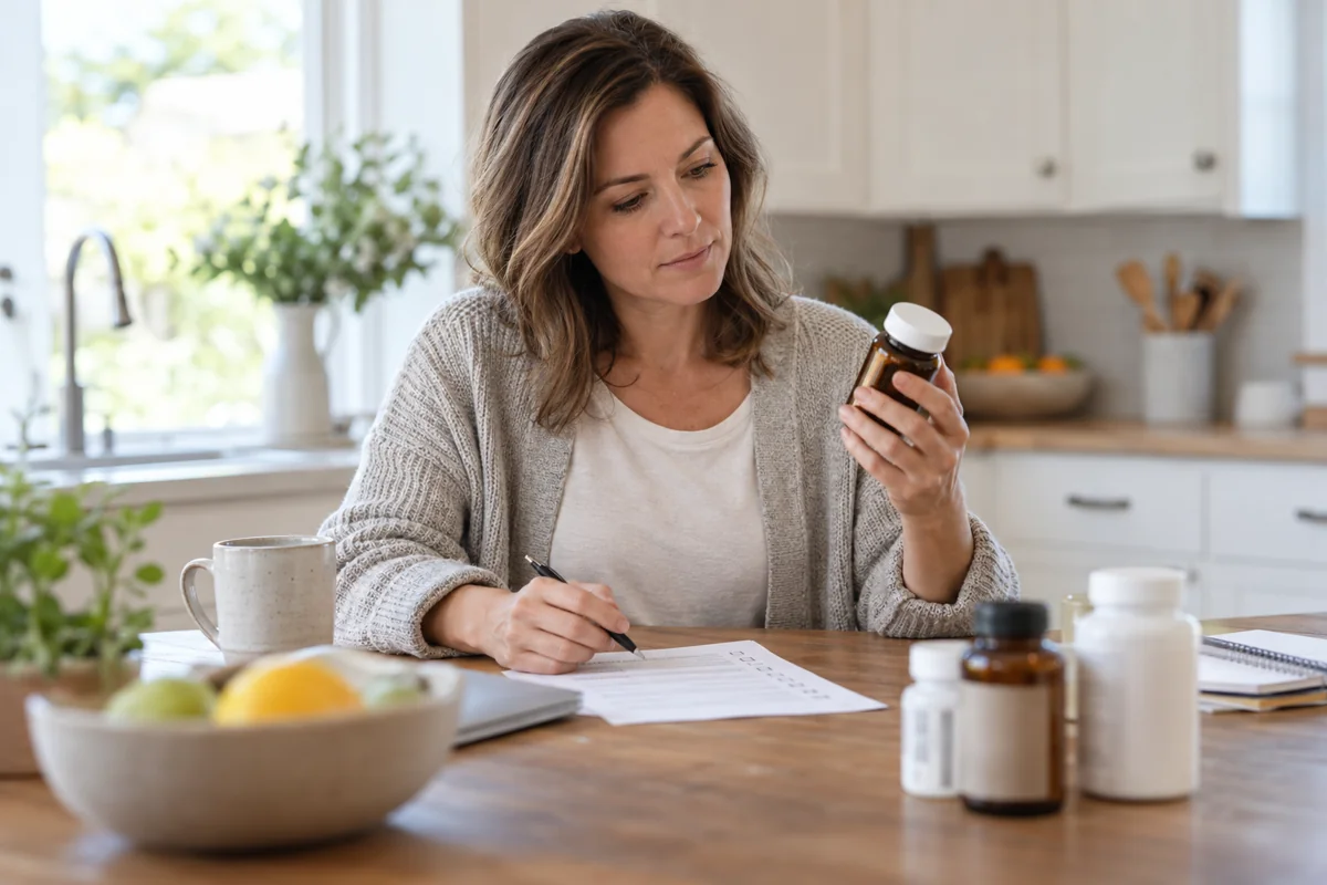 Woman reviewing a supplement bottle and checklist at a kitchen table.