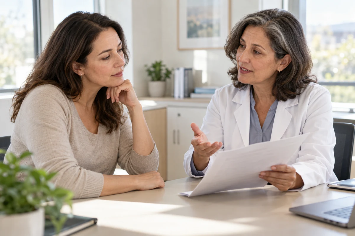 Doctor discussing a laboratory report with an adult patient.