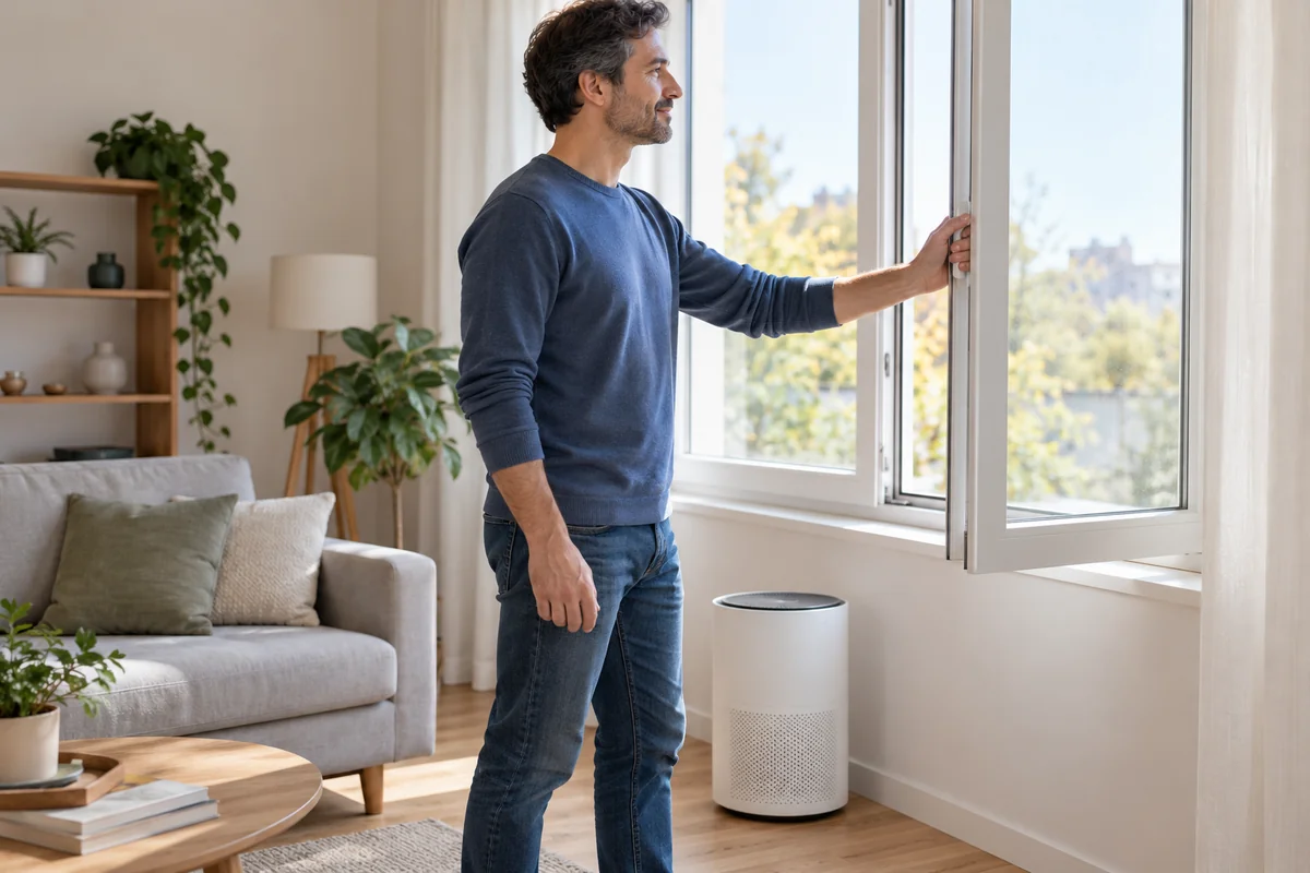 Man opening a window beside a portable air purifier in a living room
