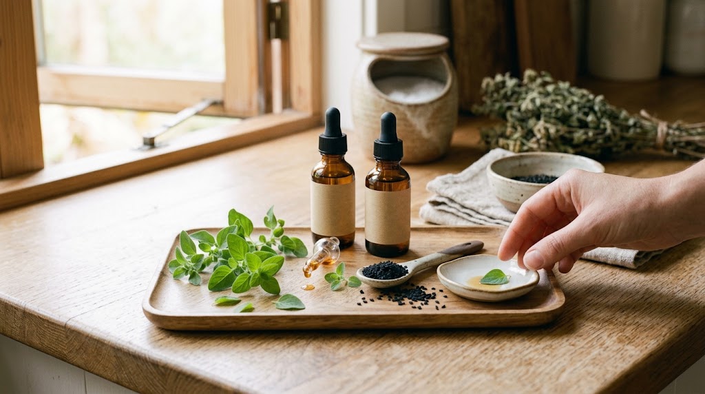 Oil of oregano and black seed oil supplements in a wellness setting
