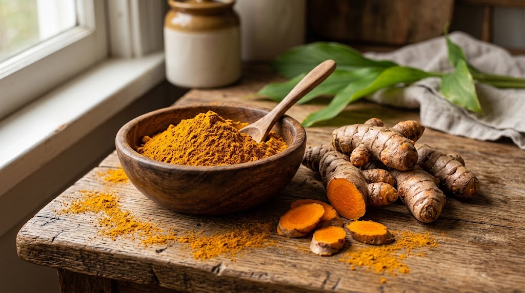 Turmeric powder and fresh turmeric root showing the spice before and after grinding