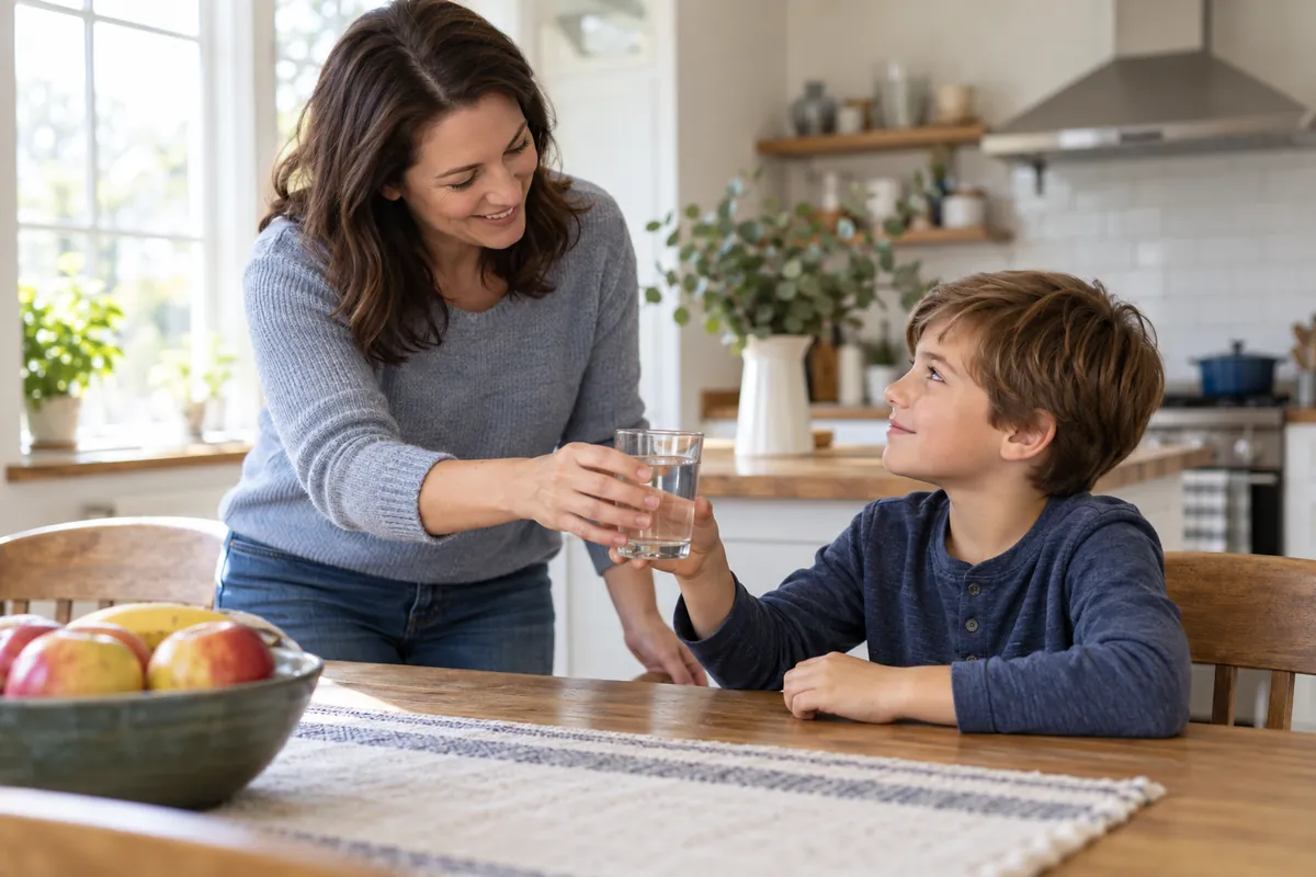 Parent offering a glass of water to a child seated at a kitchen table.